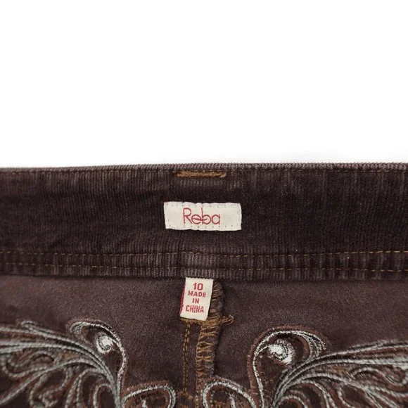 Reba Pants Womens 10 Brown Corduroy Straight Leg Embroidered Back Yoke 5 Pocket - Picture 3 of 11